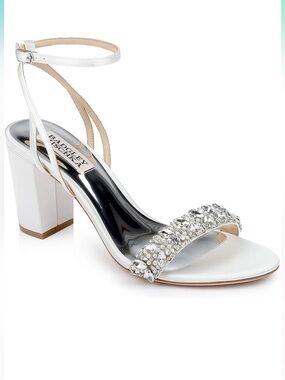 Badgley Mischka Nadine Crystal Satin Block Heel Sandals White 8.5 Bridal Chic